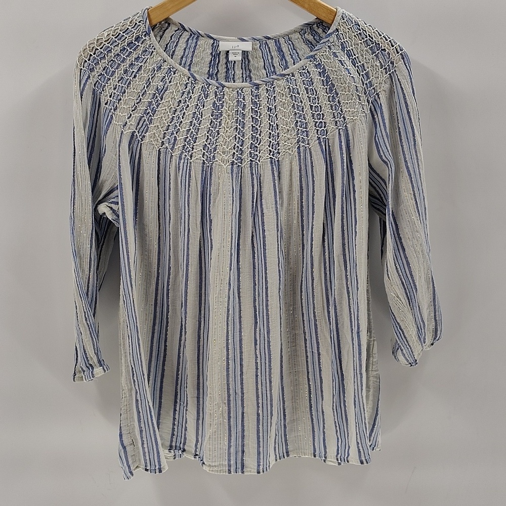 J. Jill Top Medium Peasant 3/4 Sleeve Smocked Neck Gauze Blue Stripe